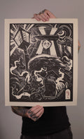 Feast – fekete-fehér linómetszet hollós motívummal, kézben tartva, nyomat mérete 46x56 cm