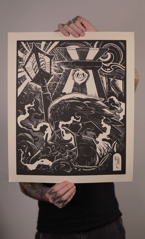 Feast – fekete-fehér linómetszet hollós motívummal, kézben tartva, nyomat mérete 46x56 cm