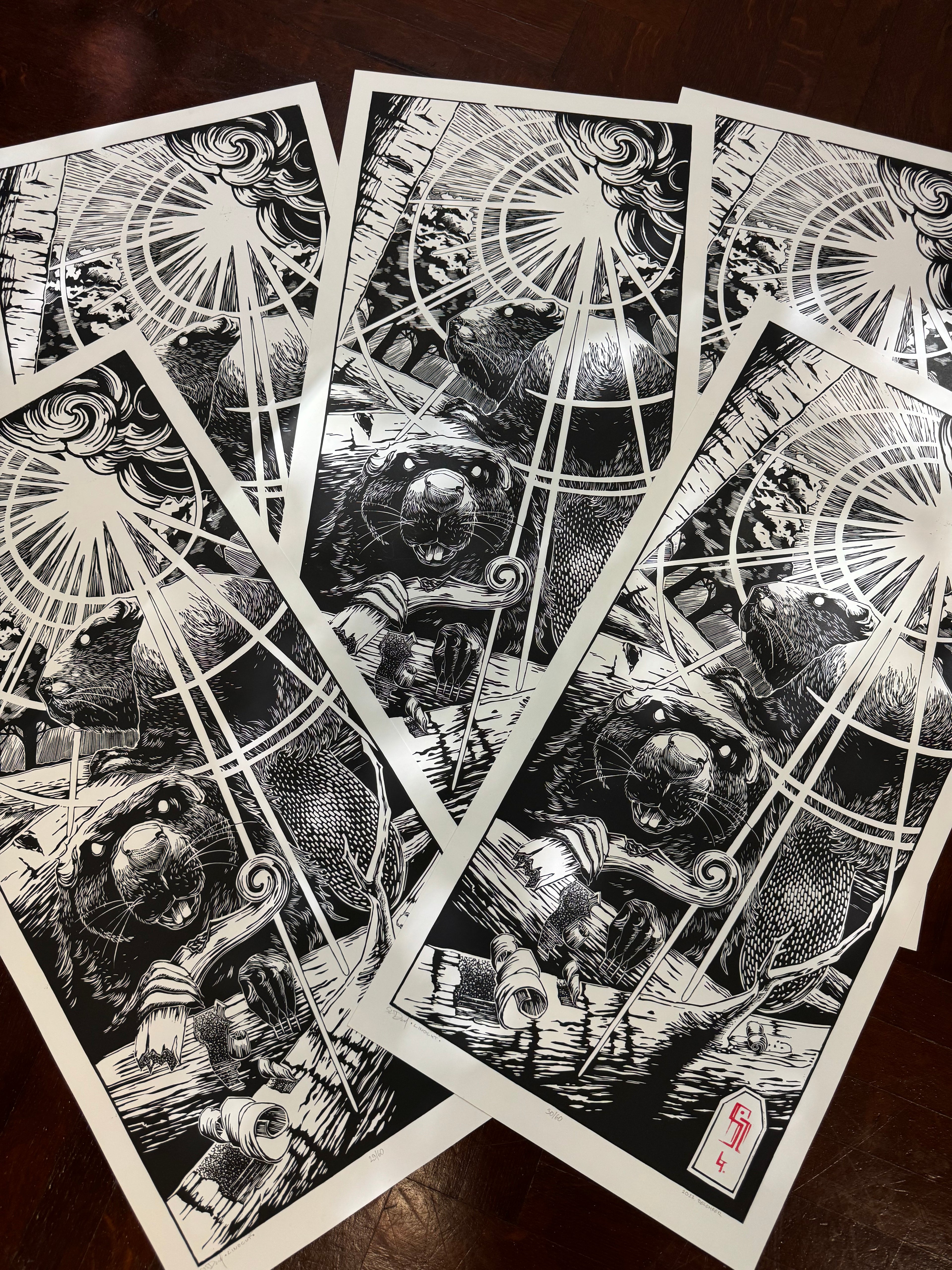Beavers - Linocut print 33X69 cm