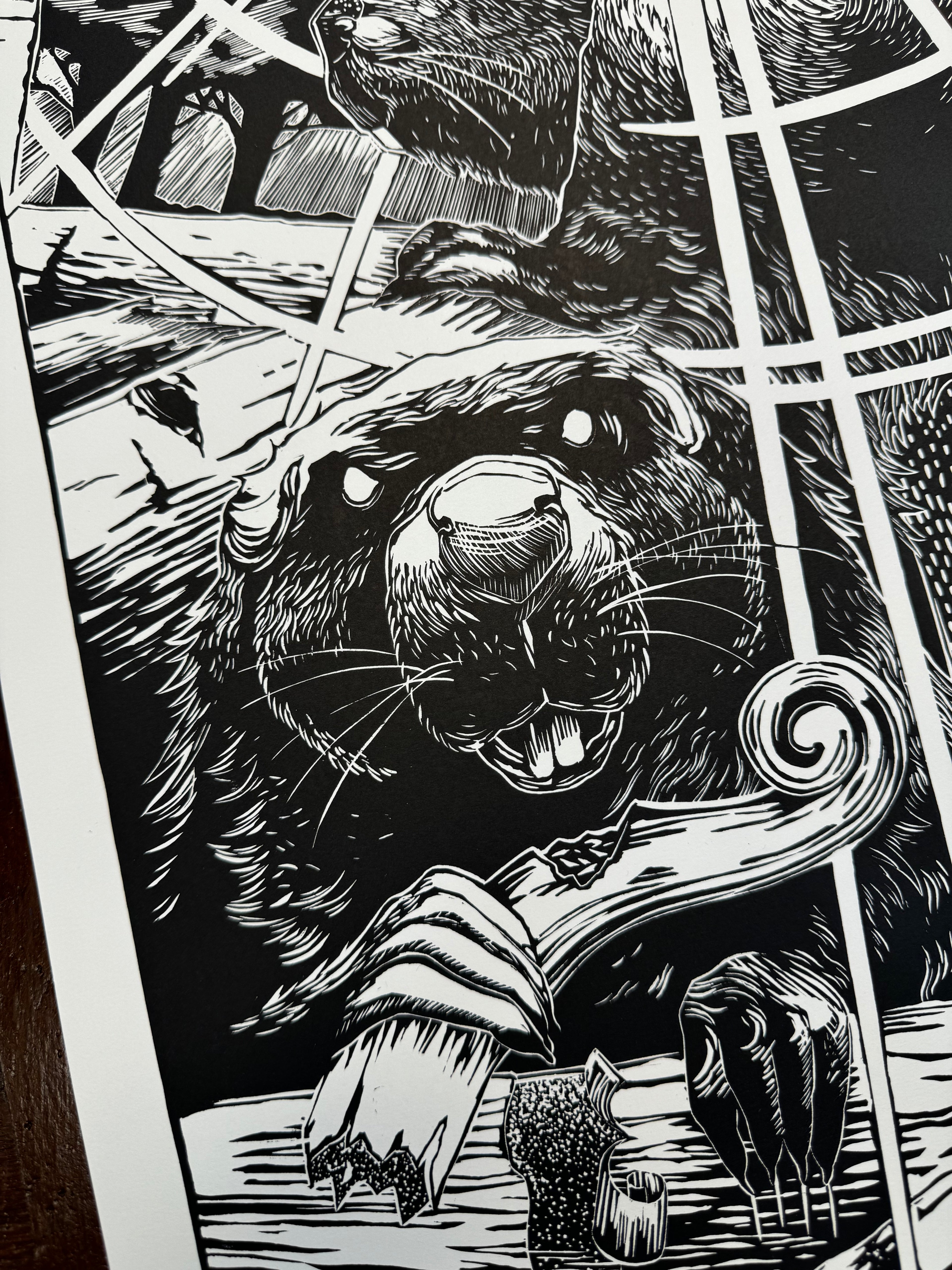 Beavers - Linocut print 33X69 cm