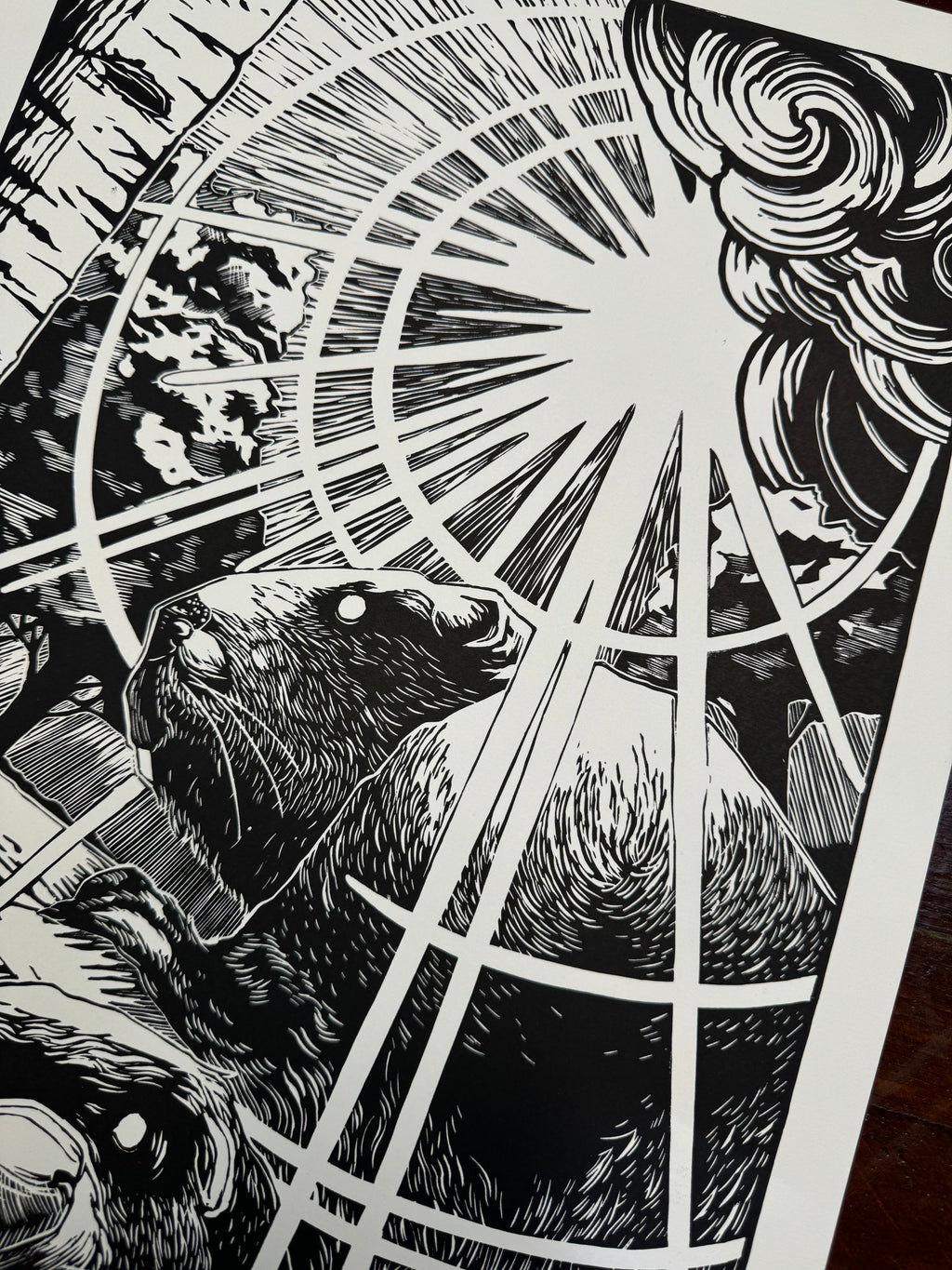 Beavers - Linocut print 33X69 cm
