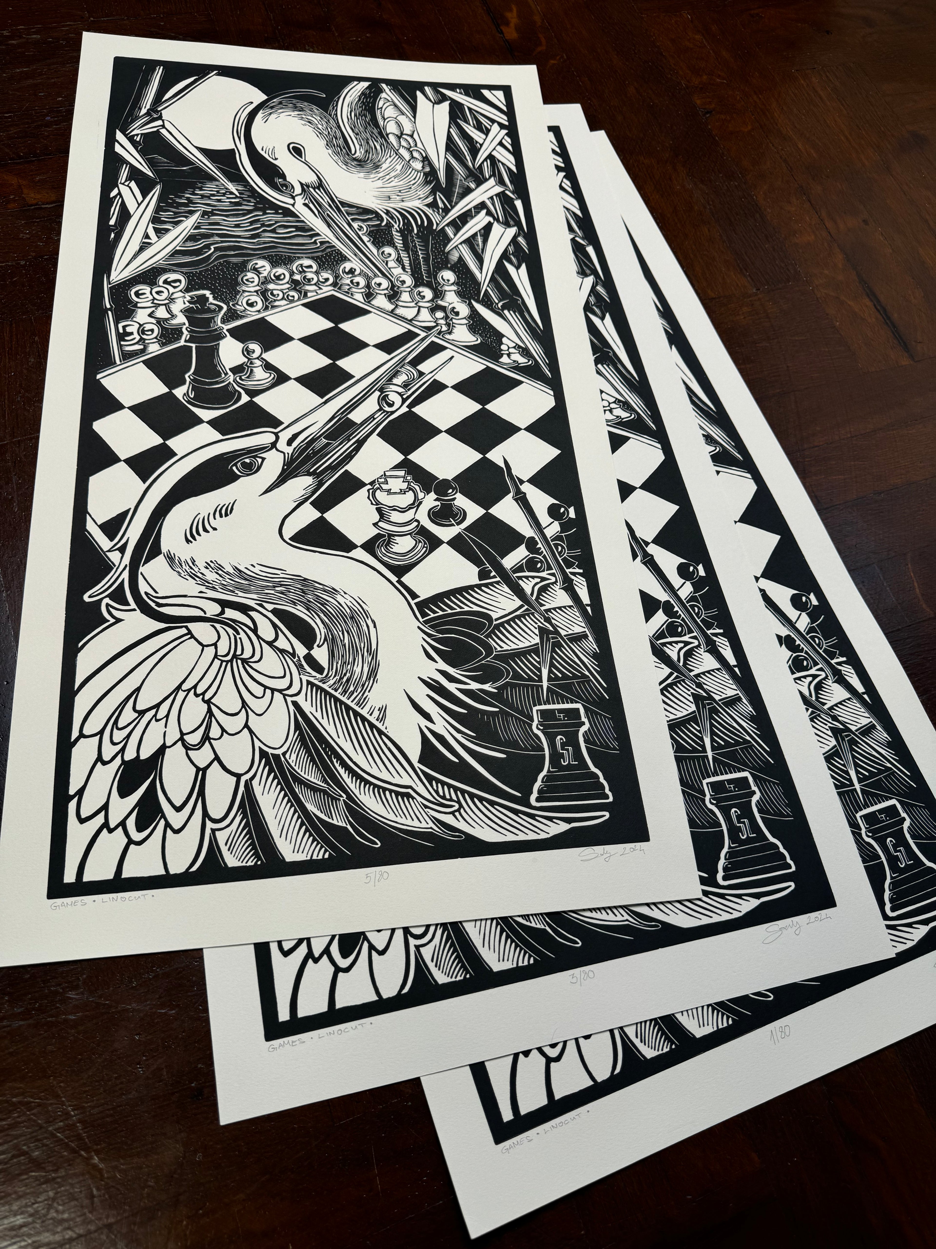 Games - Linocut print 35X64,5 cm