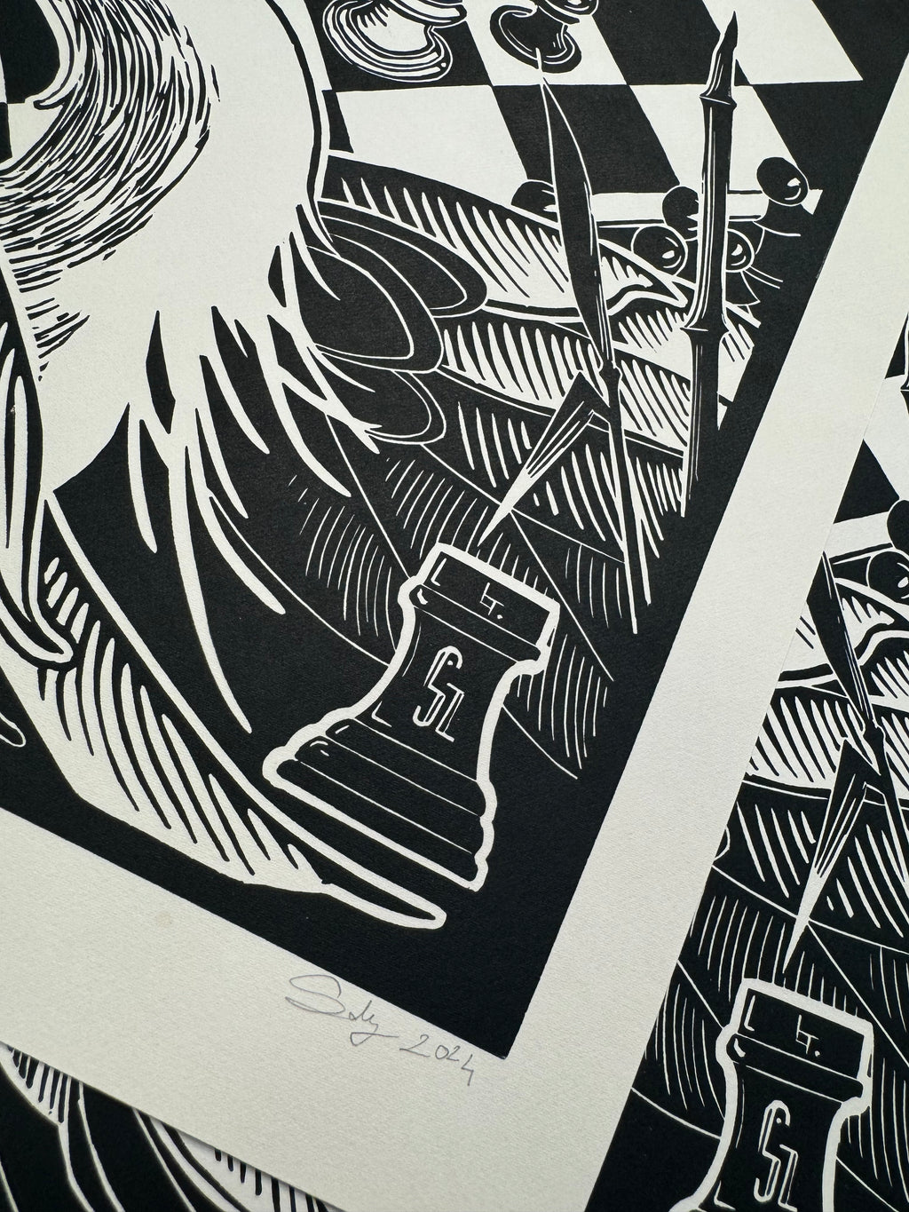 Games - Linocut print 35X64,5 cm