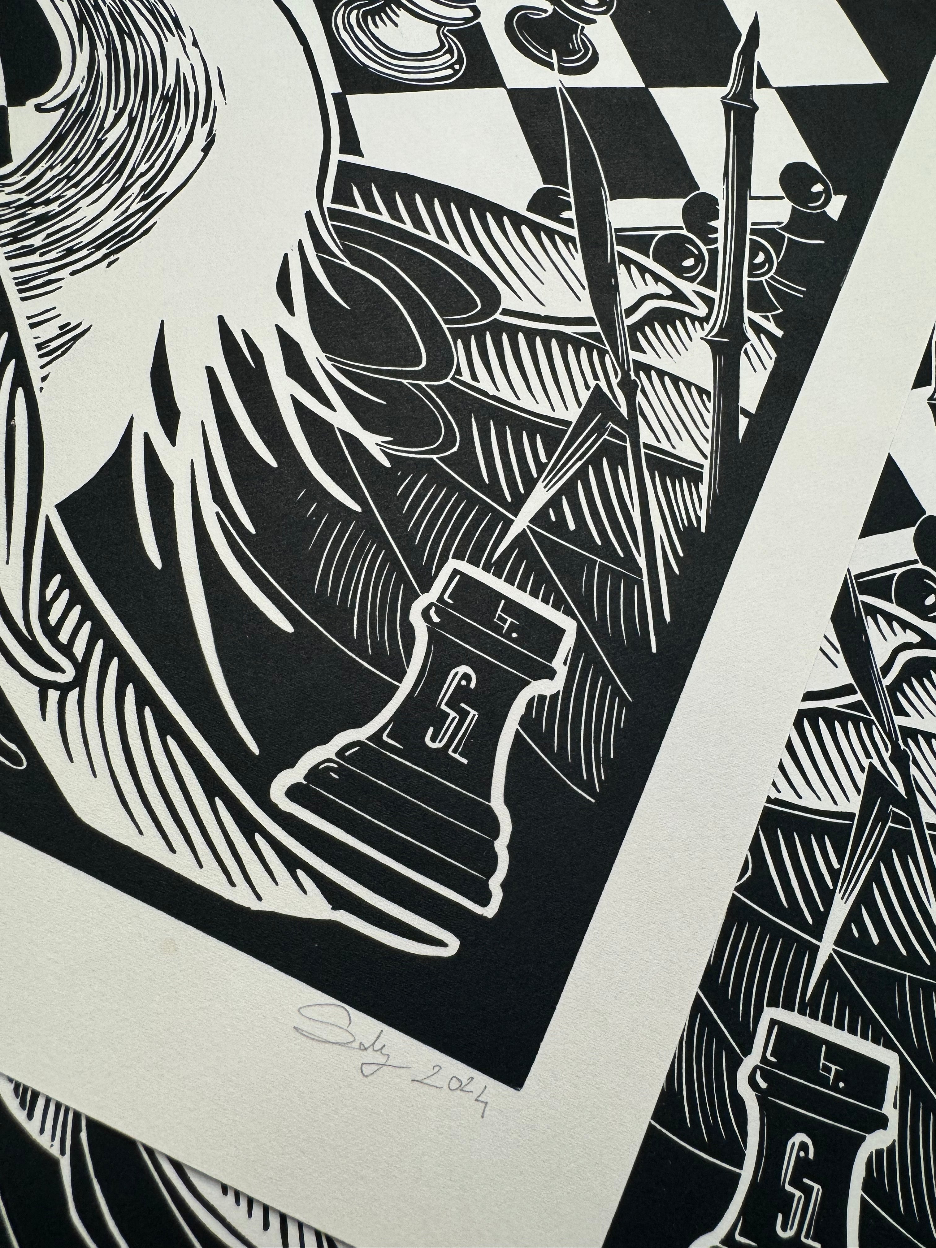 Games - Linocut print 35X64,5 cm