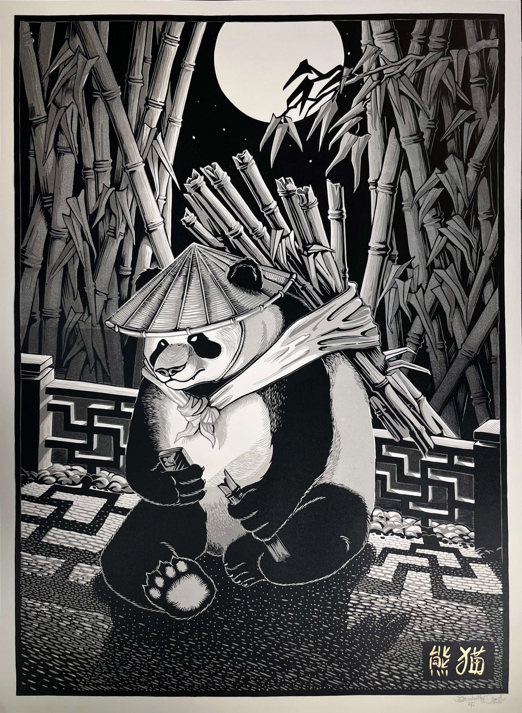 Munka-csí linómetszet pandával, 50x70cm fekete fehér sötét és világos szürke
