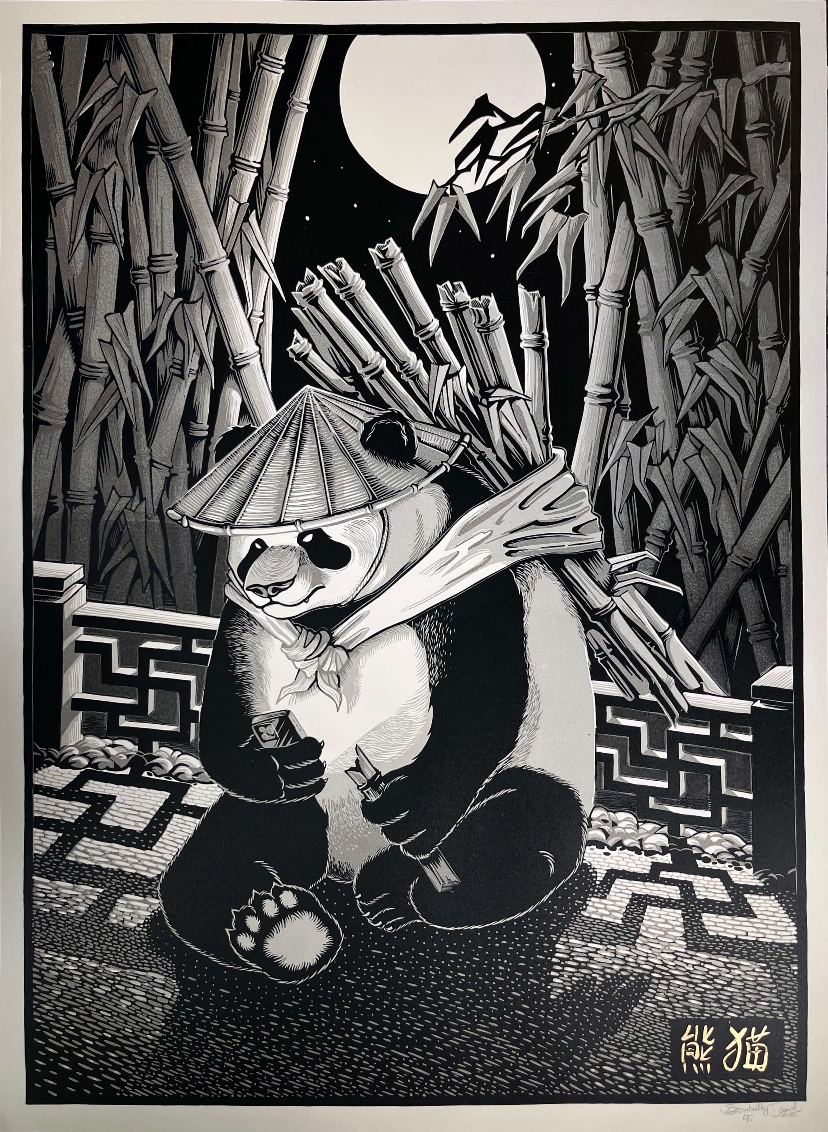 Munka-csí linómetszet pandával, 50x70cm fekete fehér sötét és világos szürke