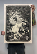 linometszet nyulas mintával kézben tartva fekete szürke fehér 59,4 × 84,1 cm a/1 méret 