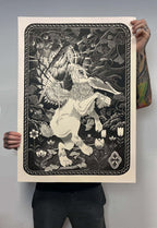 linometszet nyulas mintával kézben tartva fekete szürke fehér 59,4 × 84,1 cm a/1 méret 