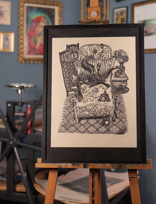 Fox Hole – Handmade Linocut 45x60 cm Black & White