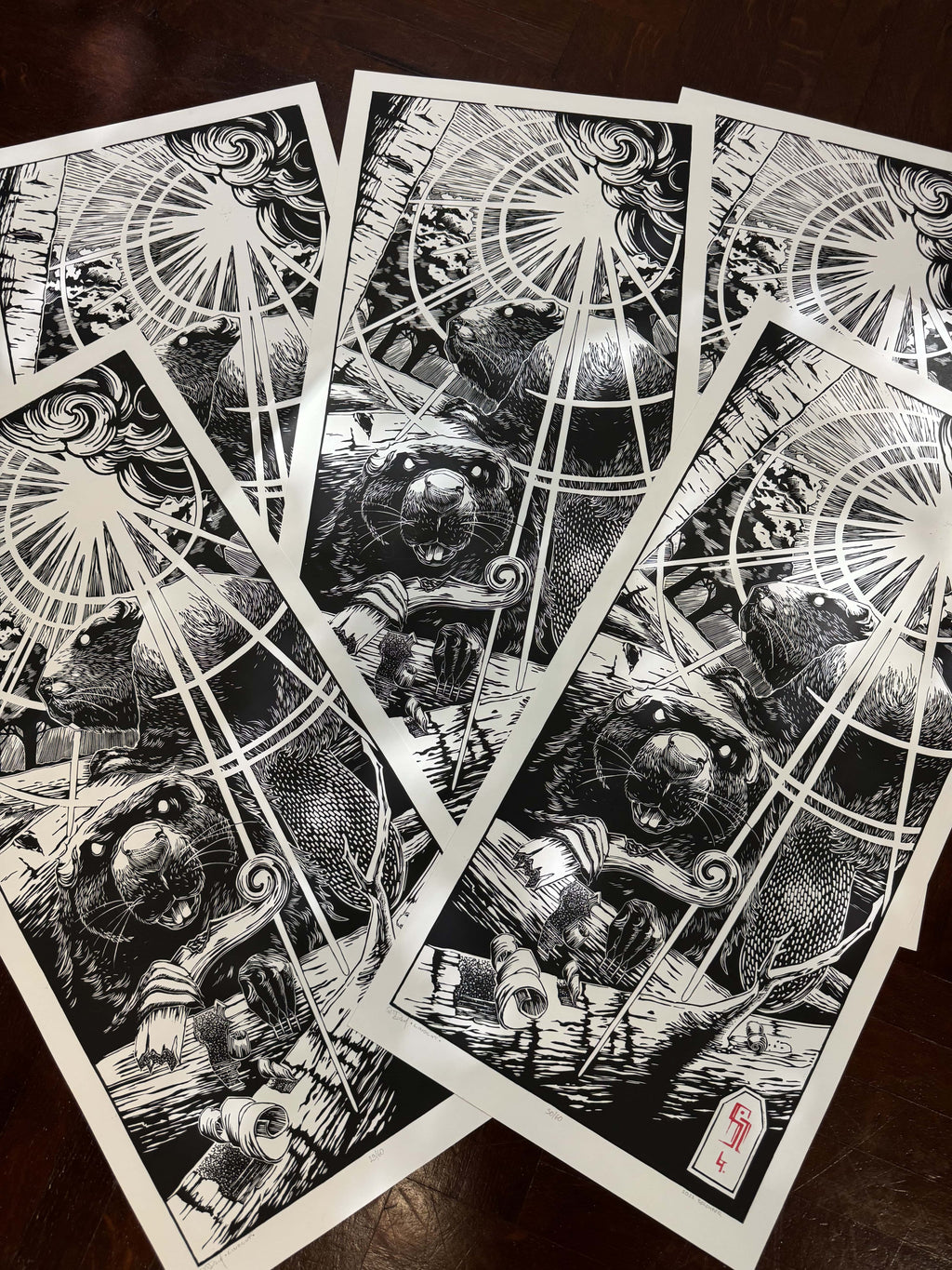 Beavers – fekete-fehér linómetszet két hód motívummal, több nyomat egymás tetején, 33x69 cm