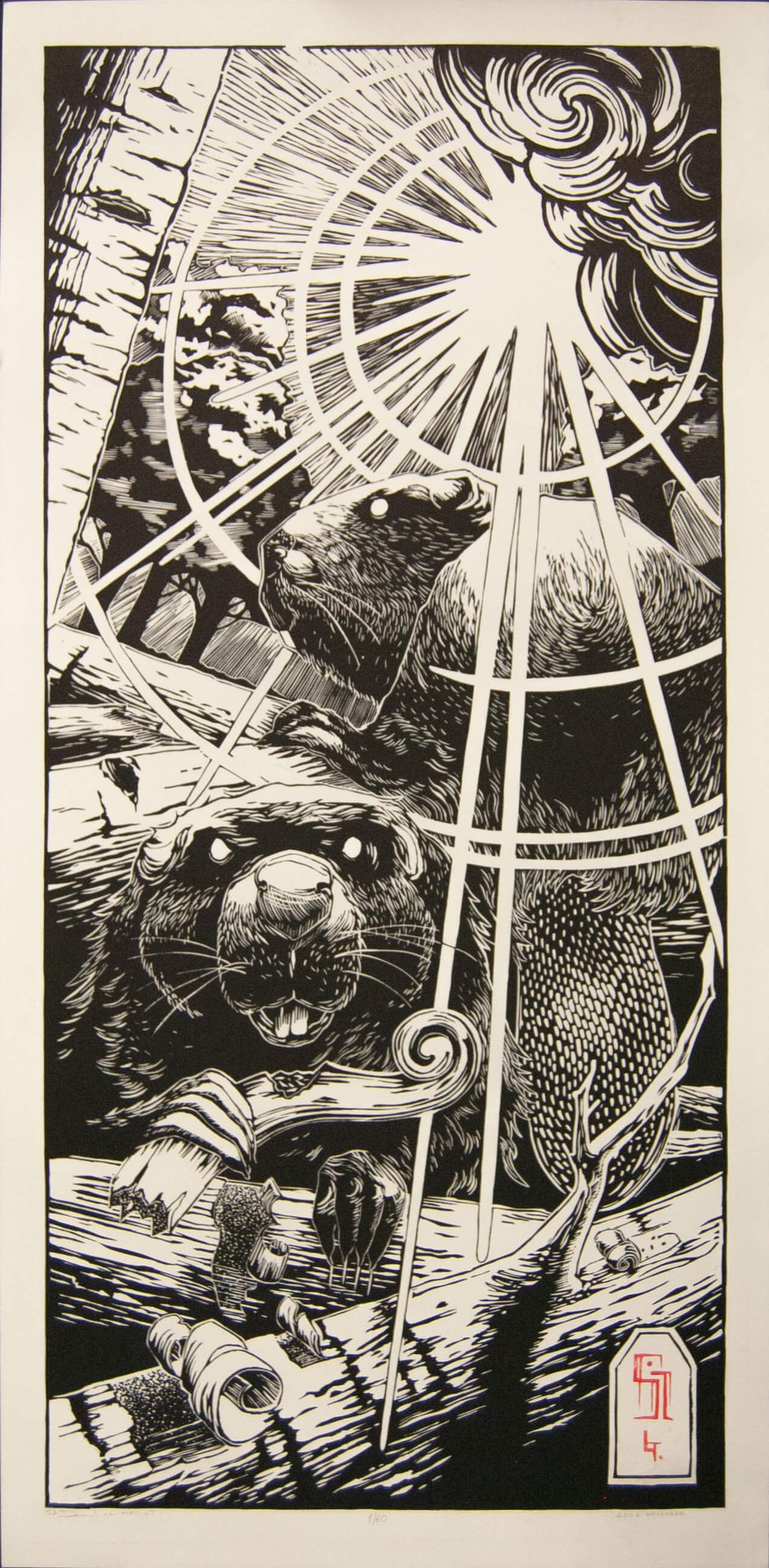 Beavers – fekete-fehér linómetszet két hód motívummal, 33x69 cm