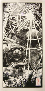 Beavers – fekete-fehér linómetszet két hód motívummal, 33x69 cm