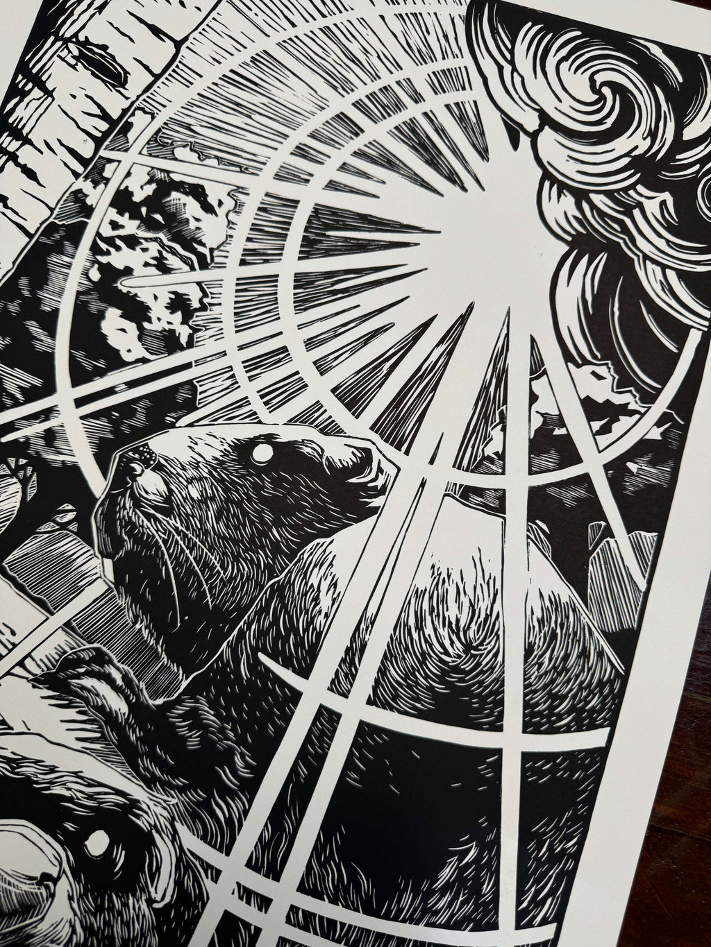 Beavers – fekete-fehér linómetszet két hód motívummal, részlet a nyomatból, 33x69 cm