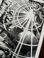 Beavers – fekete-fehér linómetszet két hód motívummal, részlet a nyomatból, 33x69 cm