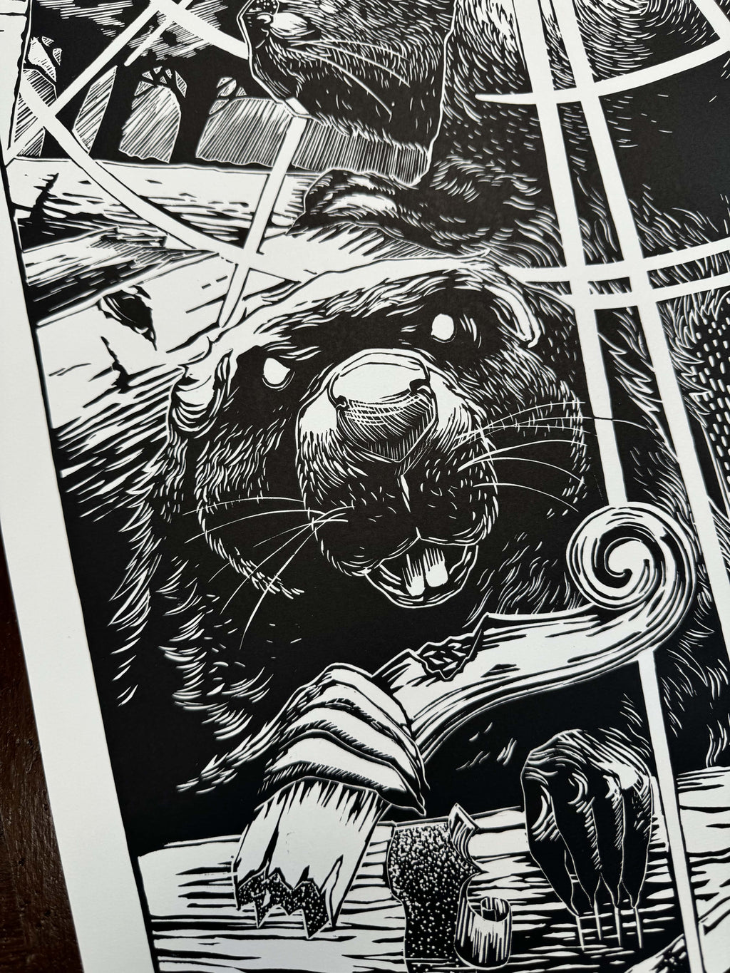 Beavers – fekete-fehér linómetszet két hód motívummal, részlet a nyomatból, 33x69 cm