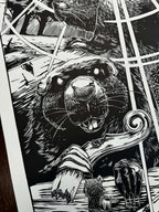 Beavers – fekete-fehér linómetszet két hód motívummal, részlet a nyomatból, 33x69 cm