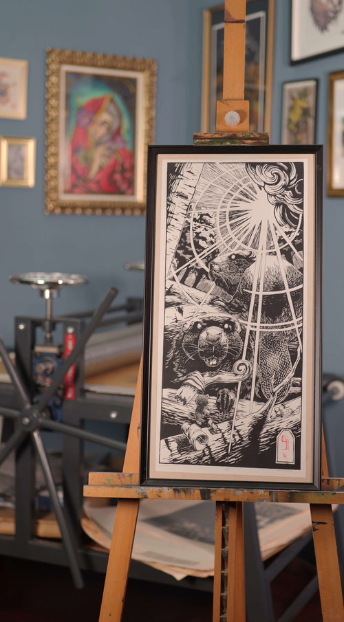 Beavers – fekete-fehér linómetszet két hód motívummal,keretezve, állványon 33x69 cm