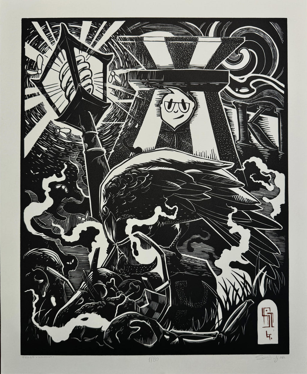 Feast – fekete-fehér linómetszet hollós motívummal, 46x56 cm