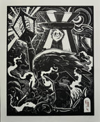 Feast – fekete-fehér linómetszet hollós motívummal, 46x56 cm