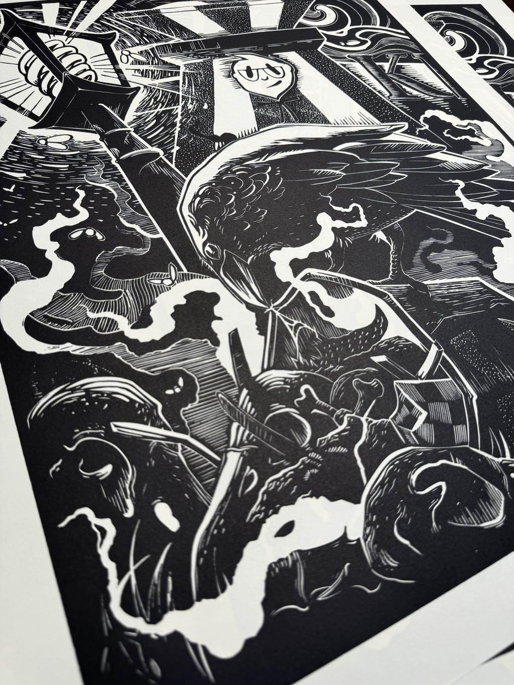 Feast – fekete-fehér linómetszet hollós motívummal, félig oldalnézetből fotózva, 46x56 cm