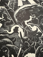 Feast – részlet a nyomatból, fekete-fehér linómetszet hollós motívummal, 46x56 cm