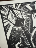 Feast – részlet a nyomatból, fekete-fehér linómetszet hollós motívummal, lámpa részlet, 46x56 cm