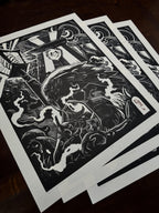 Feast – fekete-fehér linómetszet hollós motívummal, több nyomat egymás tetején, 46x56 cm