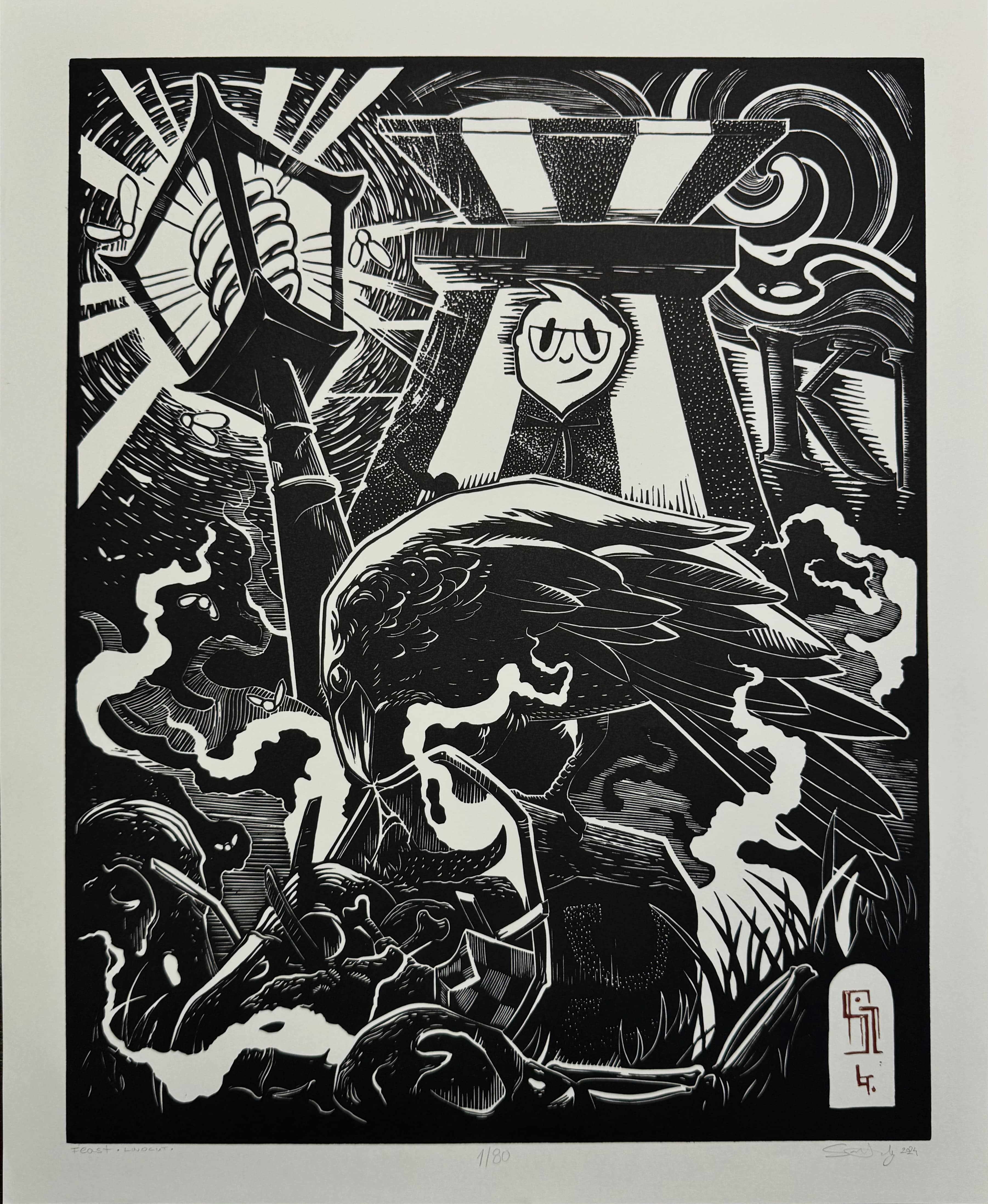Feast – fekete-fehér linómetszet hollós motívummal, 46x56 cm