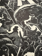 Feast – részlet a nyomatból, fekete-fehér linómetszet hollós motívummal, 46x56 cm