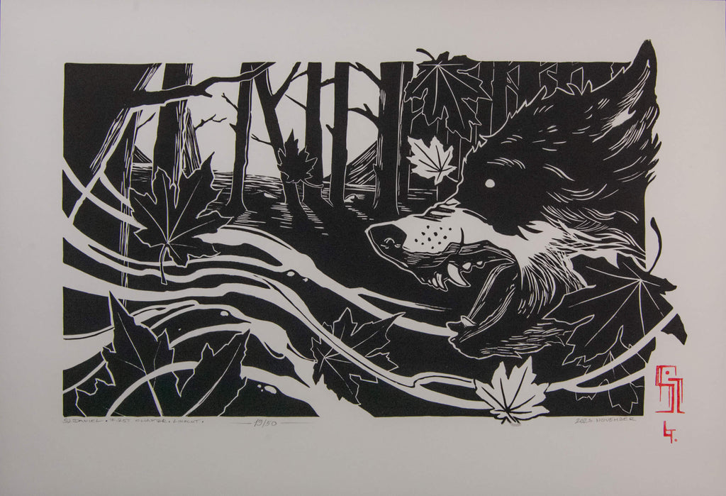 First Chapter – fekete-fehér linómetszet farkassal, holddal és szállingózó levelekkel, 31x44,5 cm