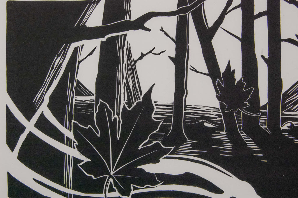 First Chapter – részlet a nyomatból, fekete-fehér linómetszet farkassal és holddal, 31x44,5 cm