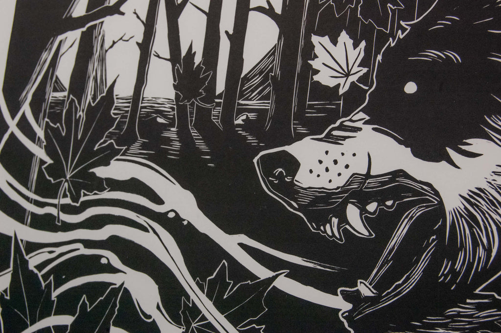 First Chapter – fekete-fehér linómetszet farkassal és holddal, 31x44,5 cm