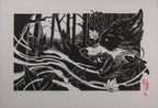 First Chapter – fekete-fehér linómetszet farkassal, holddal és szállingózó levelekkel, 31x44,5 cm