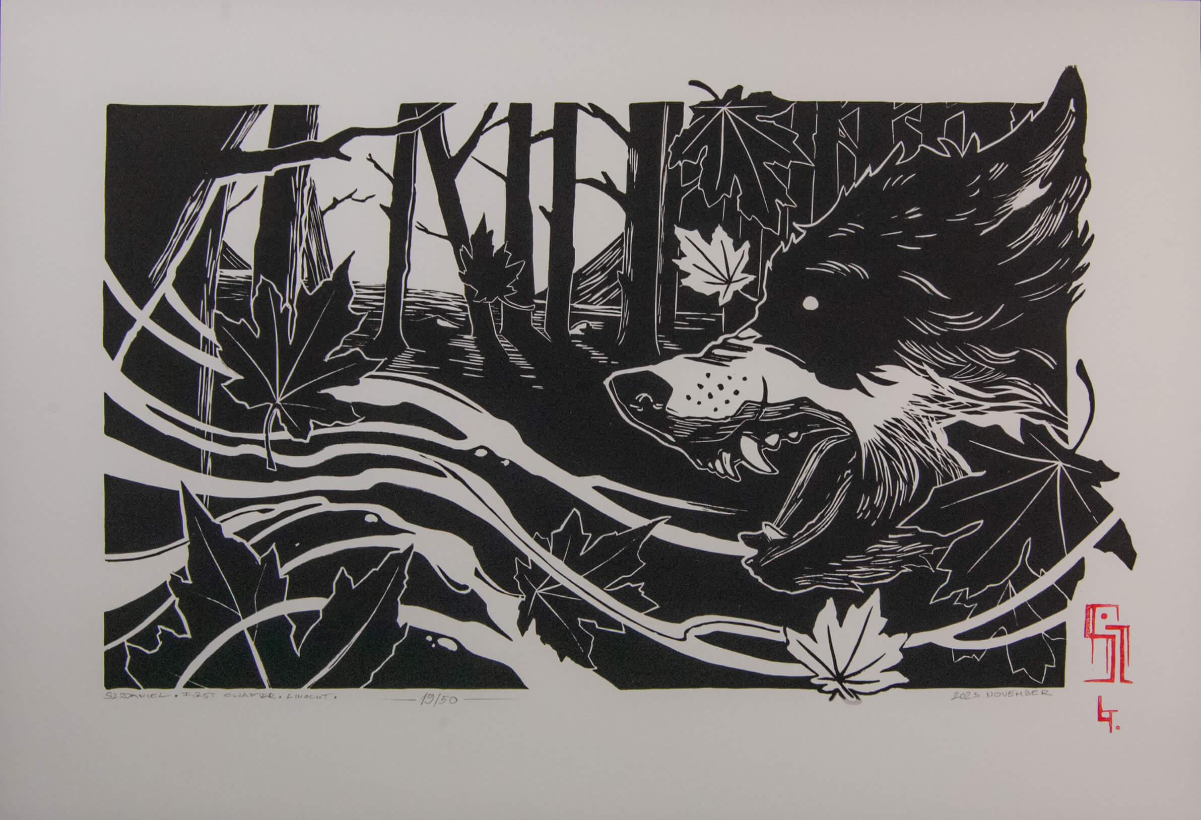 First Chapter – fekete-fehér linómetszet farkassal, holddal és szállingózó levelekkel, 31x44,5 cm