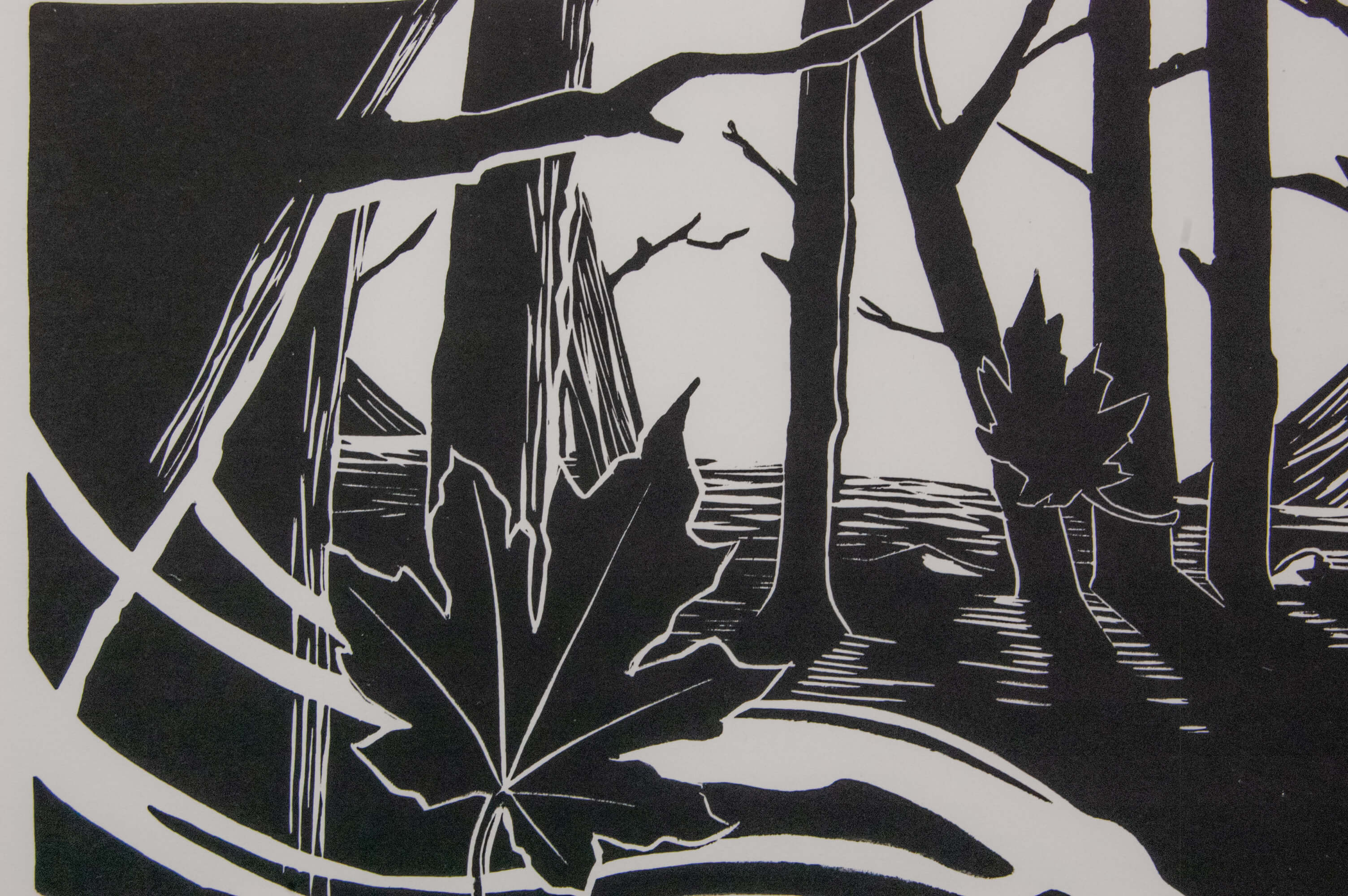 First Chapter – részlet a nyomatból, fekete-fehér linómetszet farkassal és holddal, 31x44,5 cm