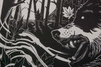 First Chapter – fekete-fehér linómetszet farkassal és holddal, 31x44,5 cm
