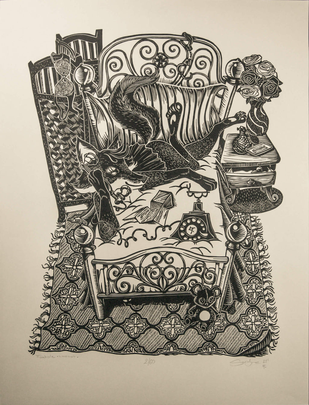 Fox Hole – fekete-fehér linómetszet rókás motívummal, 45x60 cm