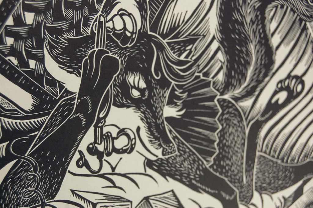 Fox Hole – részlet a nyomatból, fekete-fehér linómetszet rókás motívummal, 45x60 cm