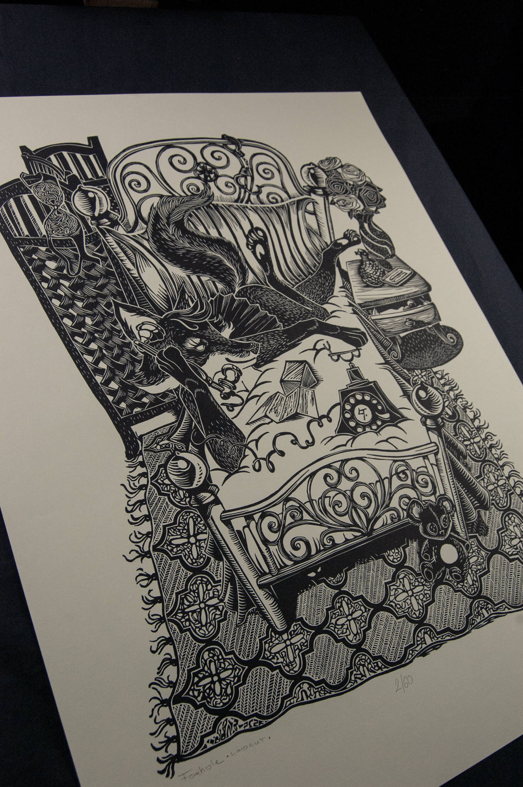 Fox Hole – fekete-fehér linómetszet rókás motívummal, 45x60 cm