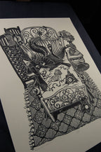 Fox Hole – fekete-fehér linómetszet rókás motívummal, 45x60 cm