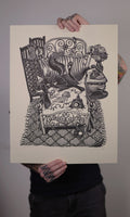 Fox Hole – fekete-fehér linómetszet rókás motívummal, 45x60 cm kézben tartva