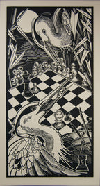 Games – fekete-fehér linómetszet gémekkel és sakktáblával, 35x64,5 cm