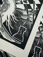 Games -Részlet a nyomatból, fekete-fehér linómetszet gémekkel, sakktáblával és bástya alakú szignóval, 35x64,5 cm