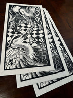 Games – fekete-fehér linómetszet gémekkel és sakktáblával, több nyomat egymás tetején, 35x64,5 cm