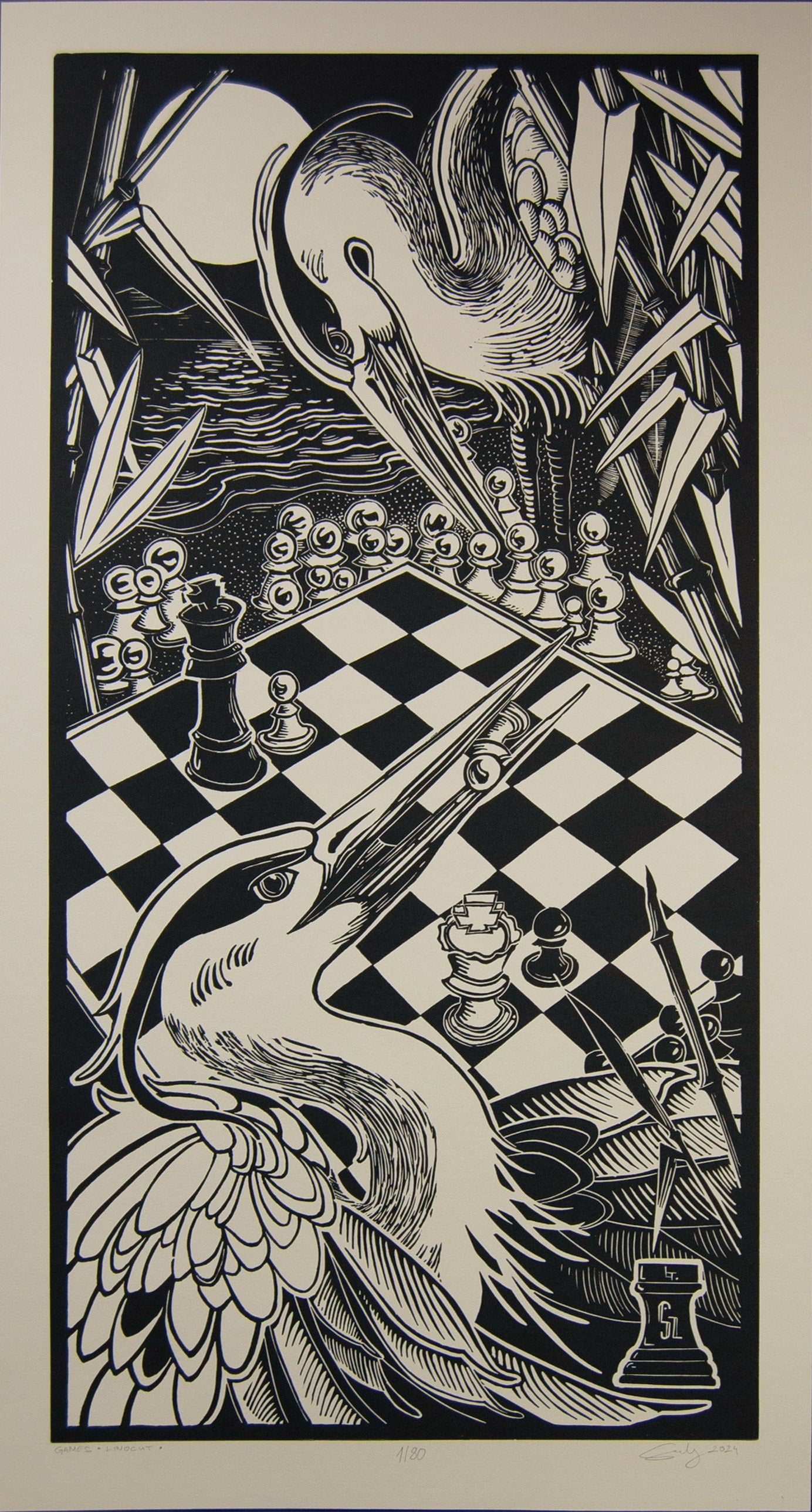 Games – fekete-fehér linómetszet gémekkel és sakktáblával, 35x64,5 cm