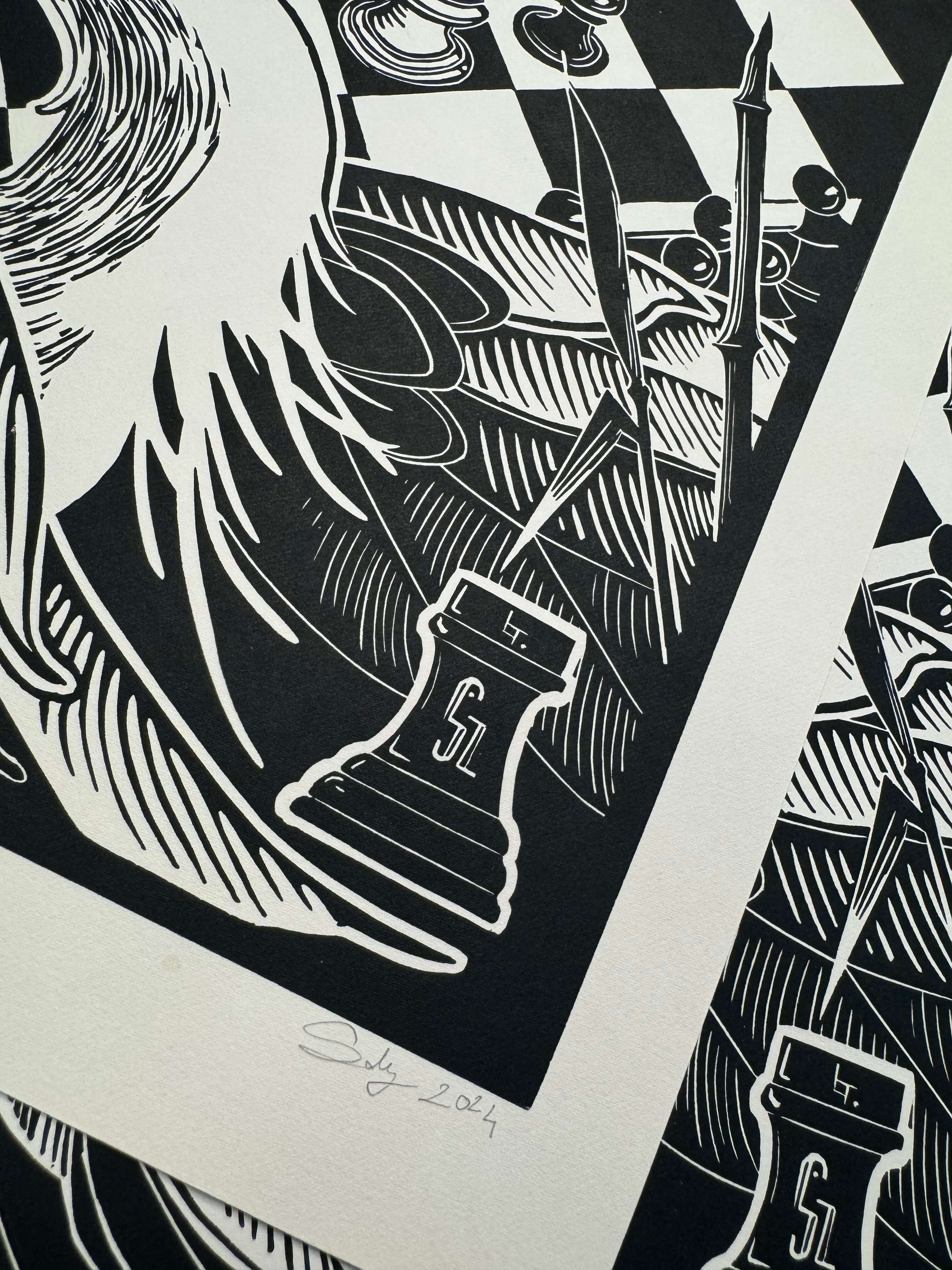 Games -Részlet a nyomatból, fekete-fehér linómetszet gémekkel, sakktáblával és bástya alakú szignóval, 35x64,5 cm