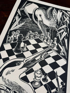 Games – részlet a nyomatból, fekete-fehér linómetszet gémekkel és sakktáblával, 35x64,5 cm