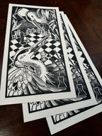 Games – fekete-fehér linómetszet gémekkel és sakktáblával, több nyomat egymás tetején, 35x64,5 cm