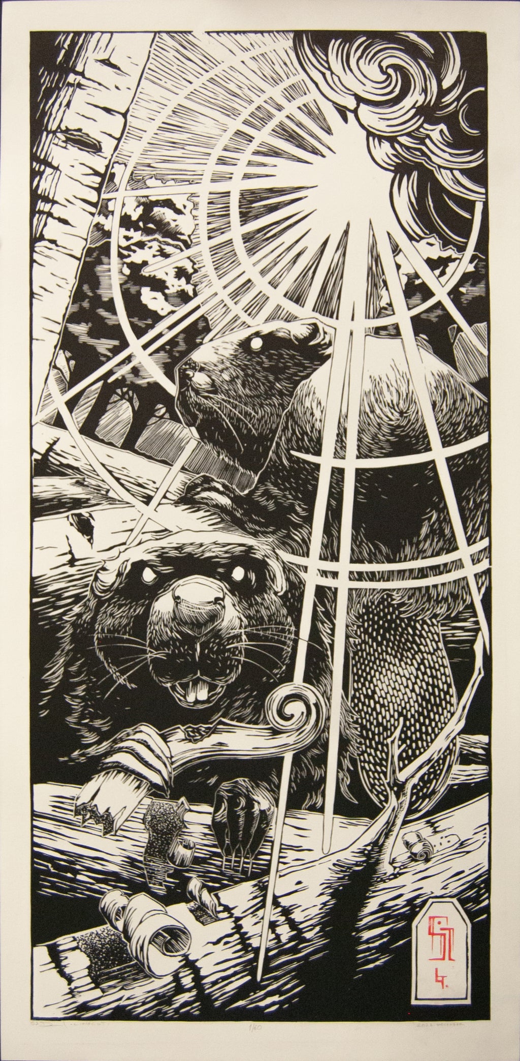 Beavers - Linocut print 33X69 cm