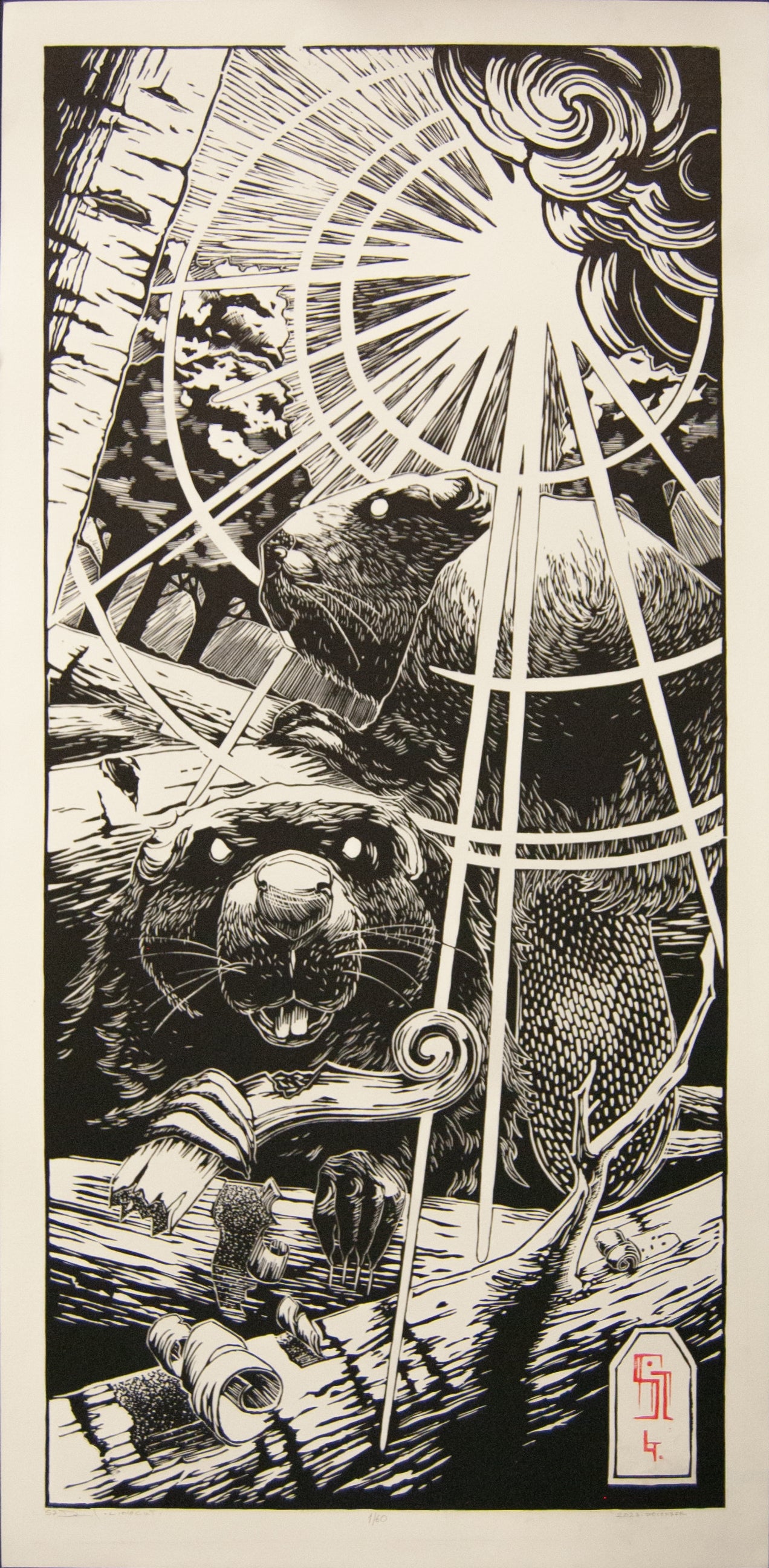 Beavers - Linocut print 33X69 cm